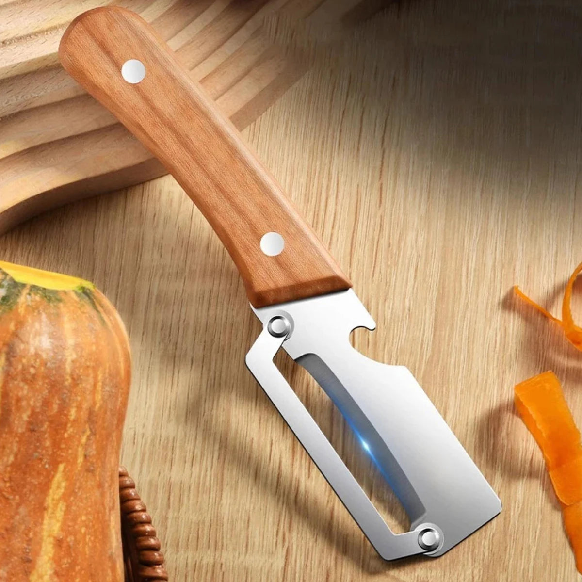 Stainless Steel Vegetable Peeler — Wooden Handle, Sharp Curved Blade